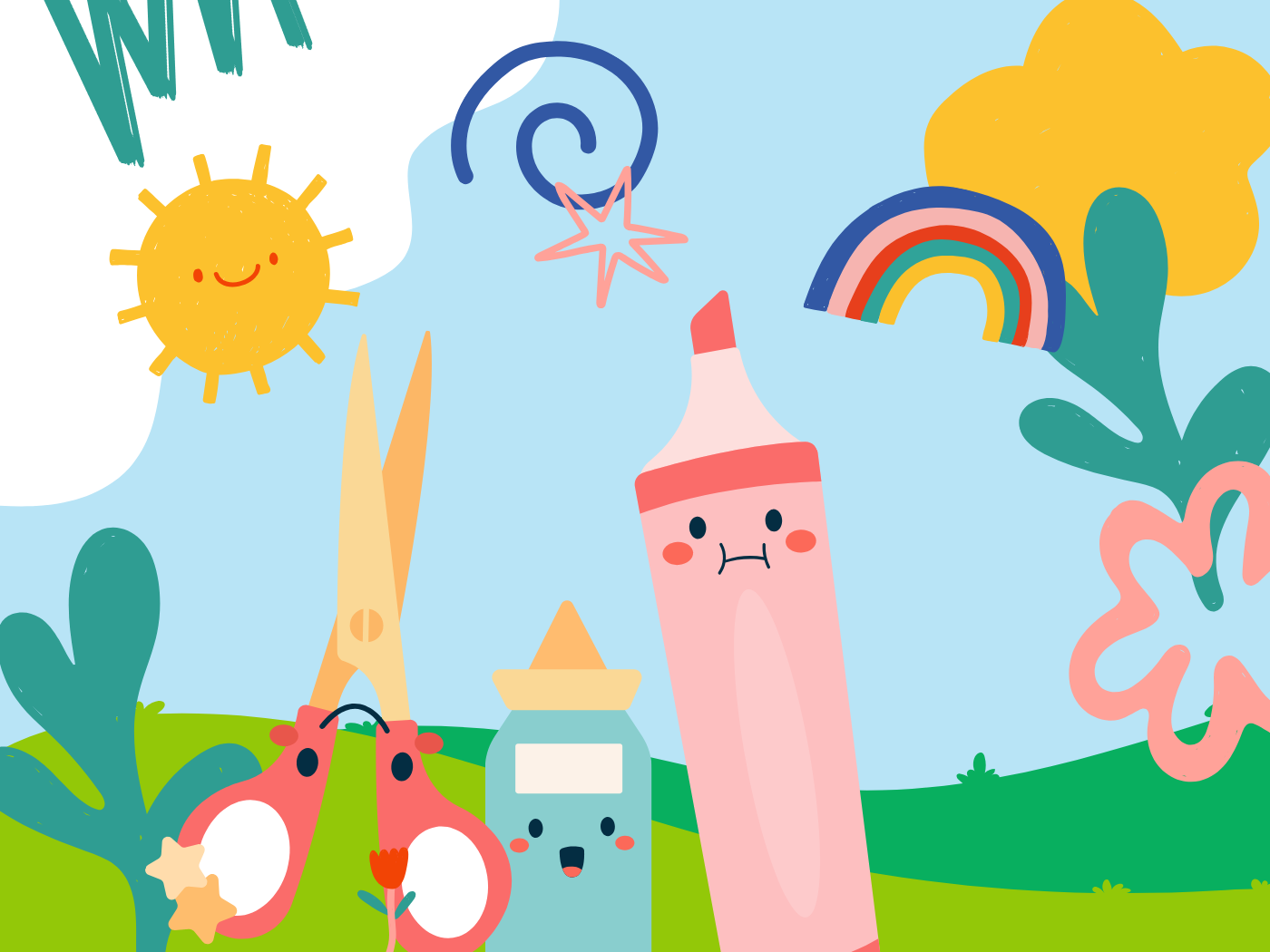 Un ciseau, un pot de colle et un surligneur avec un arc-en-ciel, le soleil, des nuages et le ciel bleu